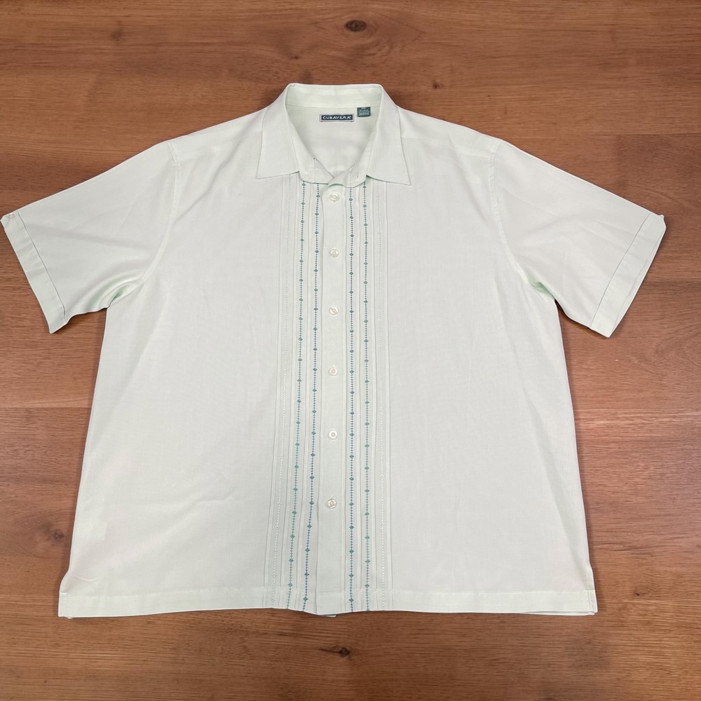 Cubavera Men XXL Mint GREEN Short Sleeve Guayabera Embroidered Shirt Rayon Blend